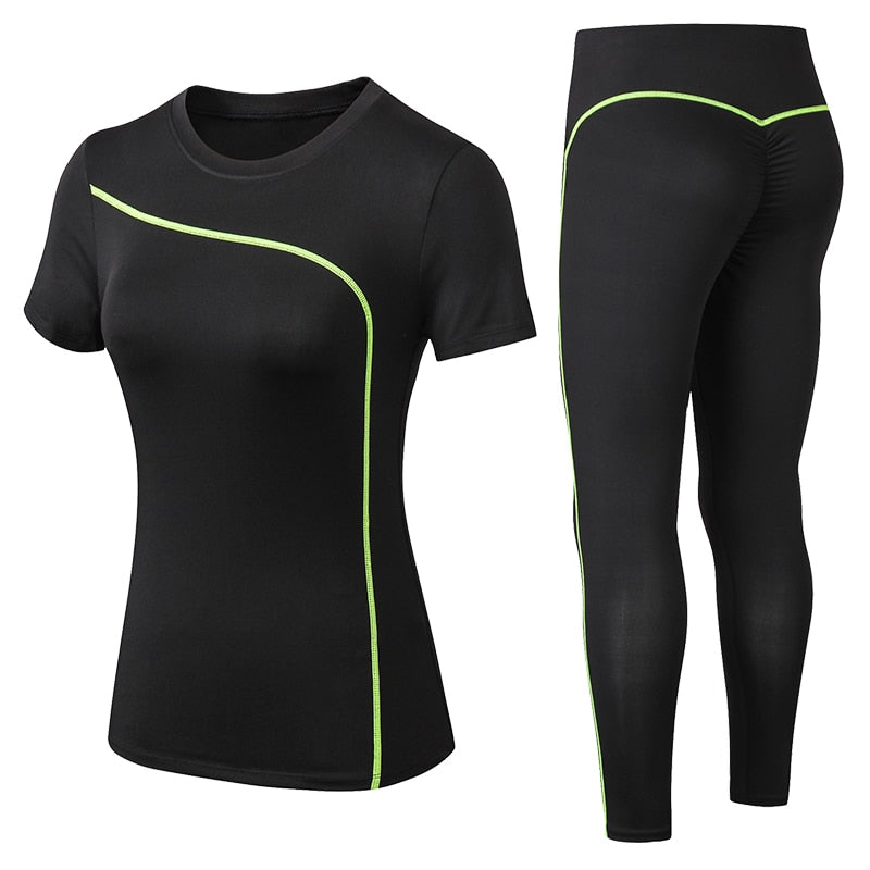 Women's 2-Piece Compression Activewear Short Sleeve T-Shirt Top + Pants  Tight Workout Set